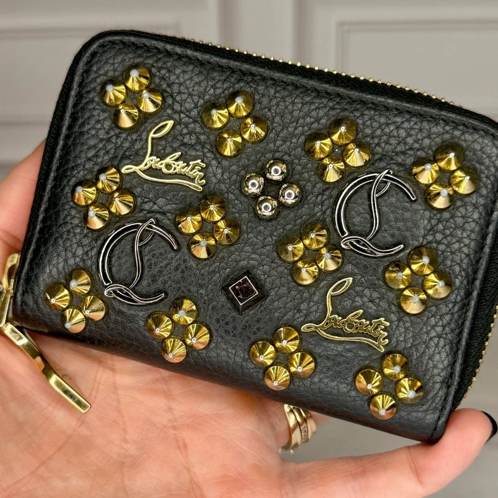 Christian Louboutin Black Leather Studded Compact Zip Wallet | COA + Dust Bag